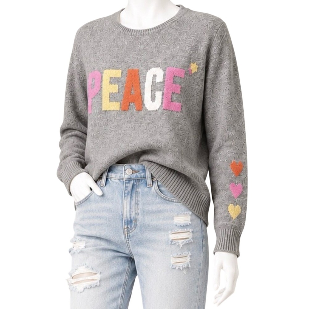 REPEAT CASHMERE Peace Graphic Cozy Sweater‎ 100% Cashmere Gray Ultra Soft | XS